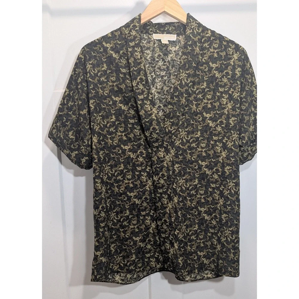 Michael Michael Kors Womens M Butterfly‎ Print Polyester Blouse Olive Gold
